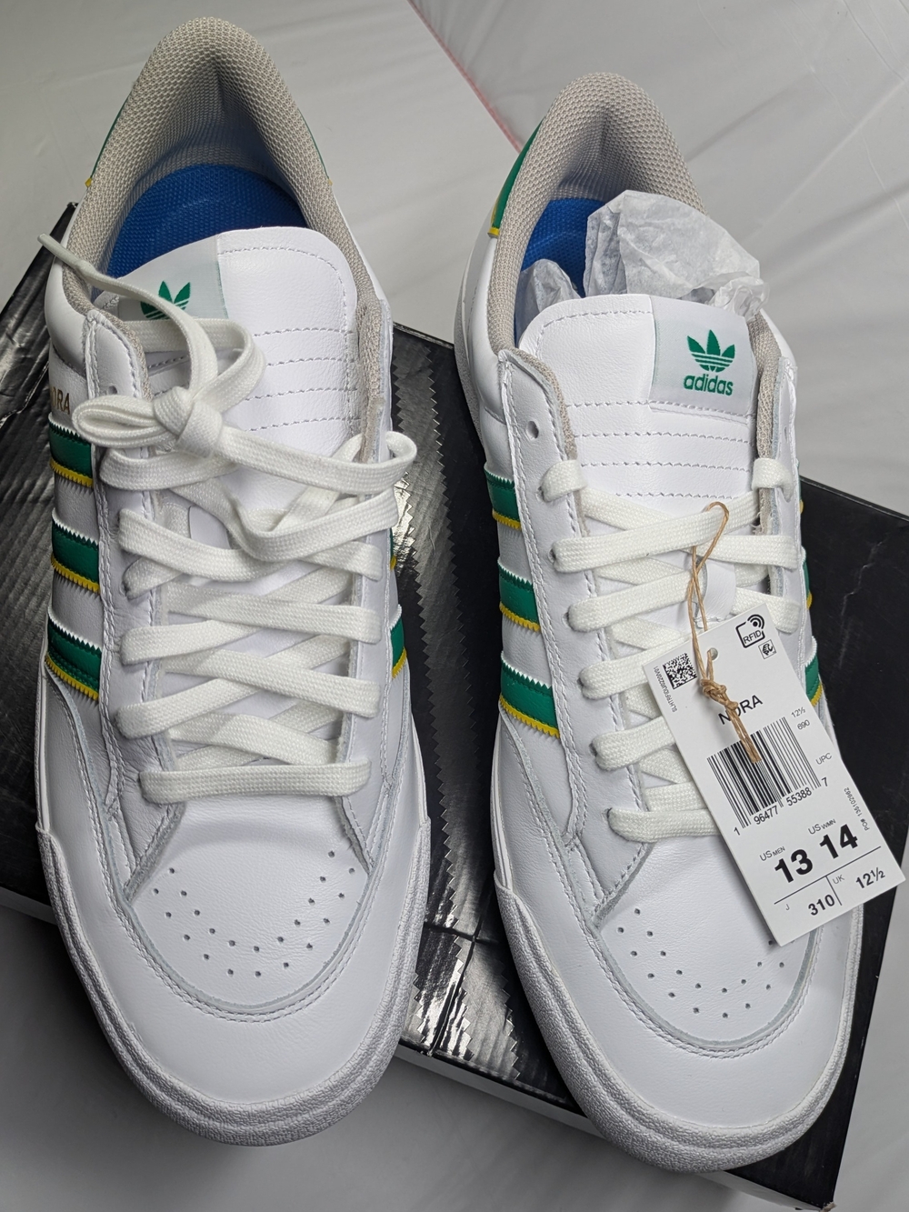 adidas Men’s White Nora with Green & Yellow Stripes